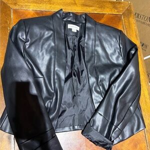 Calvin Klein  Womans black faux leather ruched sleeve open-front blazer SMALL